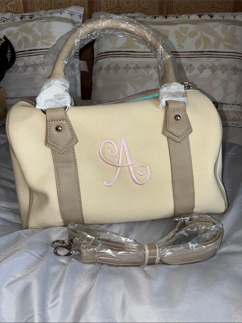 Canvas Satchel Handbag in Cream with Pink Monogram